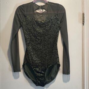 Weissman Olive Green Long Sleeve Mesh Jacquard Dance Use Exclusive Bodysuit